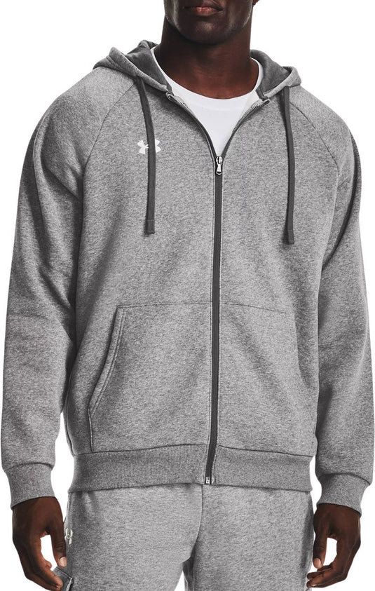 Under armour ua rival fleece fz hoodie-gry heren sporttrui - castlerock light heather - wit