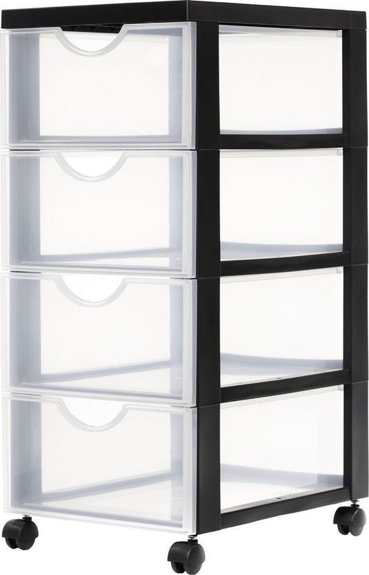 Iris easygrip chest ladekast - 4 lades x 11,25l - kunststof - zwart transparant - met wieltjes