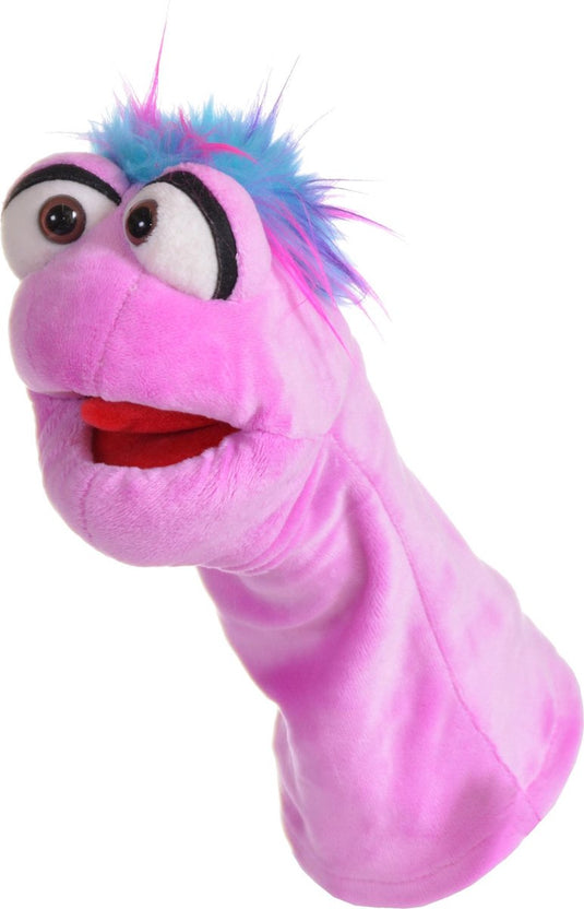 Living puppets handpoppen dier tüffelchen kletsworm paars 25cm