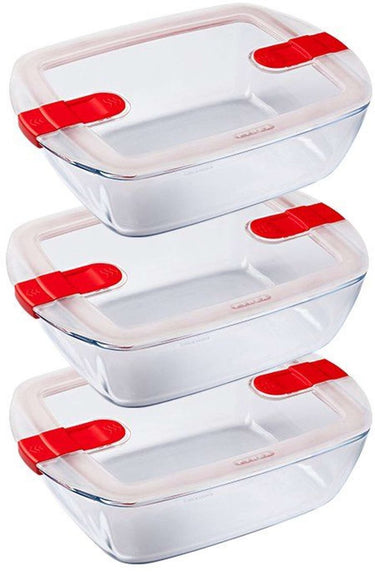 Pyrex - cook heat schaal 1,1 liter rechthoek set van 3 stuks - transparant rood