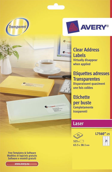 Avery transparante etiketten quickpeel formaat 635 x 381 mm (b x h) 525 stuks 21 per blad