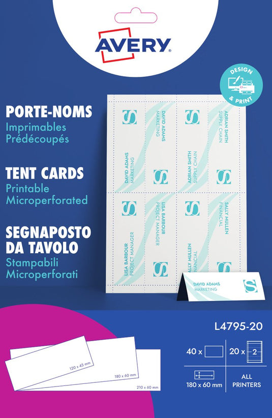 Merkloos sans marque huismerk avery l4795-20 tentkaart naamkaart 180x60mm wit