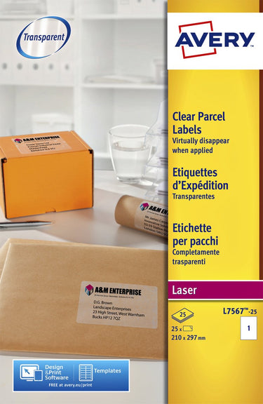 Avery - etiketten - durchsichtig - a4 (210 x 297 mm) - 25 stck. (1 bogen x 25) (l7567-25)