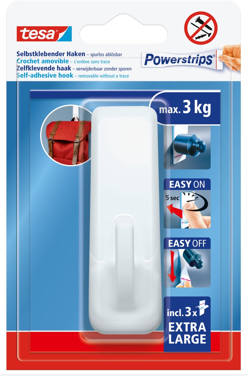 Afbeelding laden in galerijviewer, Tesa powerstrips haak xl ovaal - wit - herbruikbare wandhaak - zonder boren - 1 haak + 3 powerstrips
