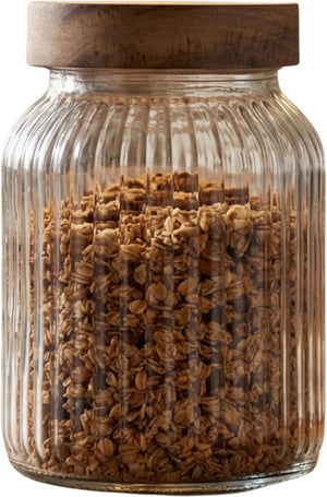 Alpina voorraadpot 1000ml - glazen bewaarpot met houten deksel - luchtdichte afsluiting - rond model - ideaal voor pasta, rijst en meer - ø10,1 x 16 cm - transparant