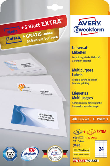 Avery universele etiketten, wit, 70,0 x 36,0 mm, permanent klevend