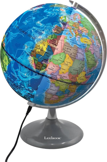 Lexibook luminous dag- en nachtglobe – kaart van de aarde overdag en kaart van sterrenbeelden die oplichten (french)