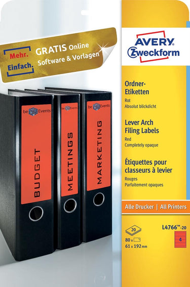 Avery ordnerrugetiketten zweckform 192 x 38 mm rood 140 stuks