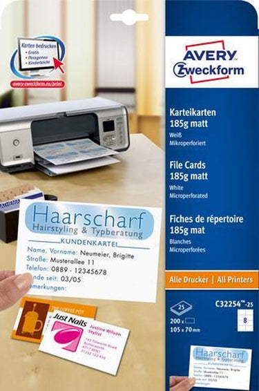 Avery systeemkaart 105x70mm 185gr wit 25 vel 8 kaarten per vel