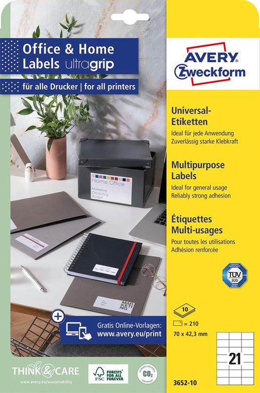 Avery zweckform avery-zweckform - permanente universele etiketten - wit - 70 x 42.3 mm - 210 labels
