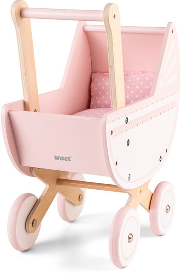 Woet ® houten poppenwagen - inclusief dekbedje - roze speelgoed kinderwagen - duwhoogte 50cm - rollenspel poppenaccessoire - vanaf 3 jaar
