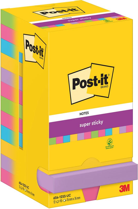 Post-it super sticky notes | 90 vel | ft 76 x 76 mm | assorti | pak van 12 blokken
