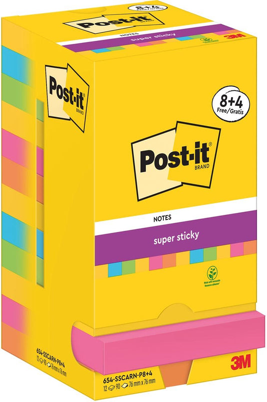 Post-it super sticky notes carnival | 90 vel | ft 76 x 76 mm | 8 + 4 gratis