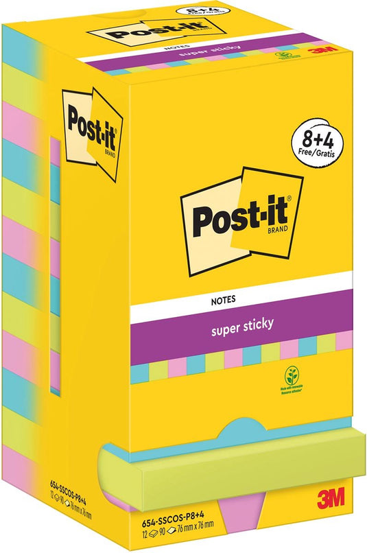 Post-it super sticky notes 654-sscos-p8+4 76x76 mm effen blauw, groen, roze