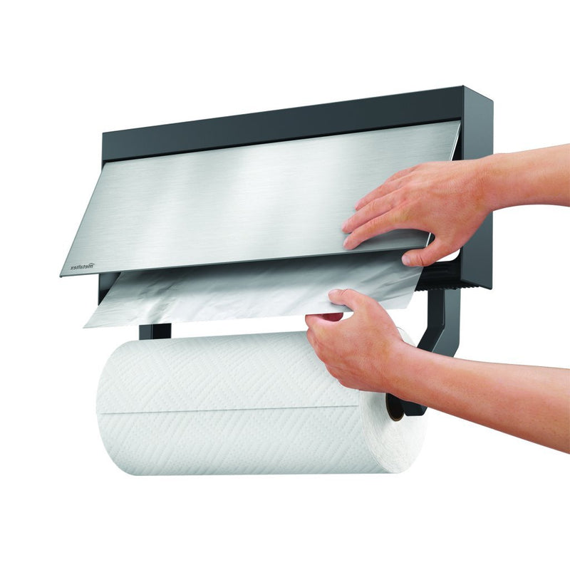 Load image into Gallery viewer, Metaltex kitchen helpers tango keukenrolhouder met snijhulp 38x6x17 cm rvs grijs
