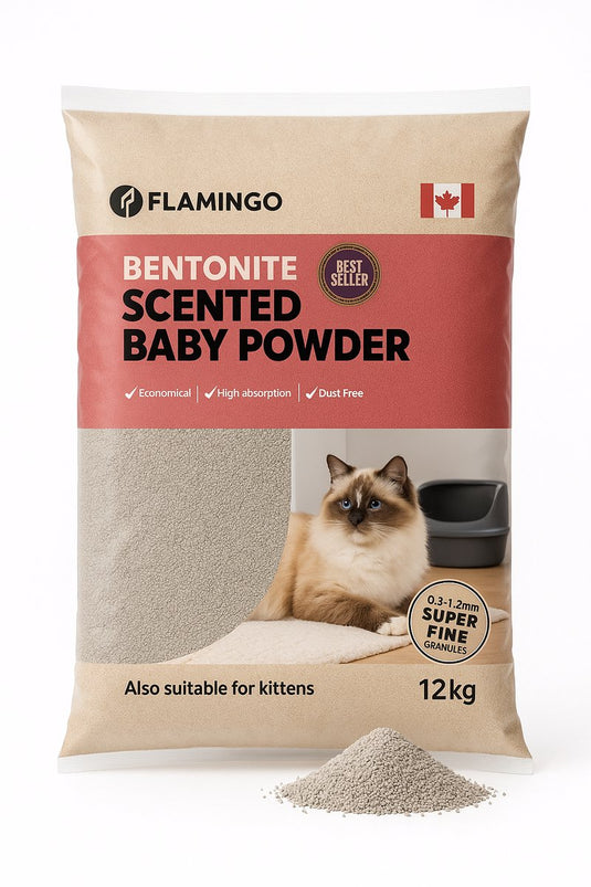 Flamingo kattenbakvulling bentoniet met babypoeder – 12 kg - super absorberend, stofarm, heerlijke babypoedergeur, ook geschikt voor kittens – uit canada