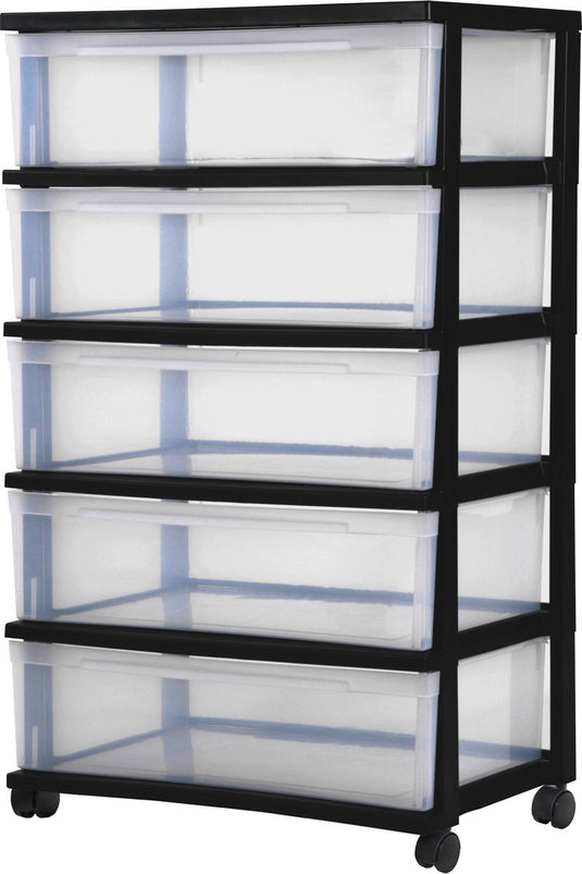 Iris new wide chest ladesysteem - 5 lades x 30l - kunststof - zwart transparant - met wielen