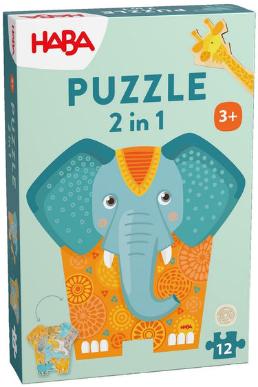 Haba puzzel - 2 in 1 - olifant - hout - 12dlg - 3+