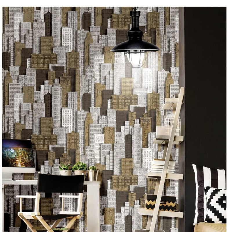 Load image into Gallery viewer, Noordwand behang urban friends coffee city apartments wit en goud

