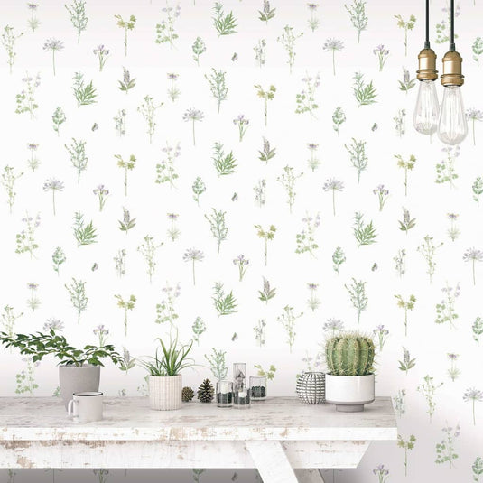 Noordwand behang evergreen herbs and flowers wit