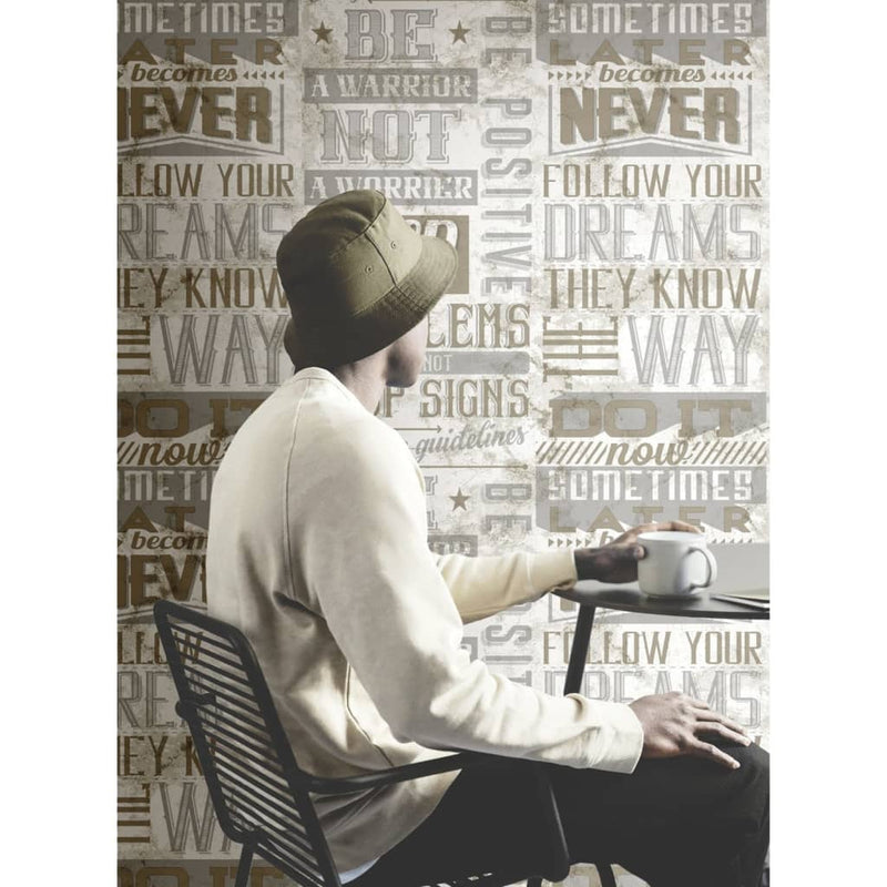 Load image into Gallery viewer, Noordwand behang friends coffee words and letters metallic en beige
