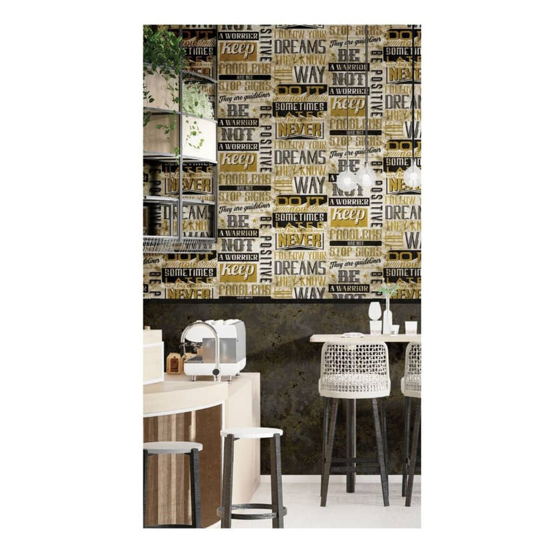Load image into Gallery viewer, Noordwand behang friends coffee words and letters metallic en zwart
