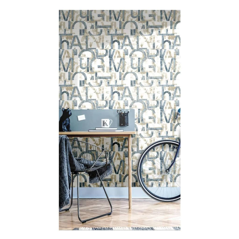 Load image into Gallery viewer, Noordwand behang friends coffee words and letters blauw en metallic
