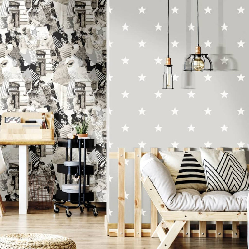 Load image into Gallery viewer, Noordwand behang friends coffee little stars donkergrijs en wit
