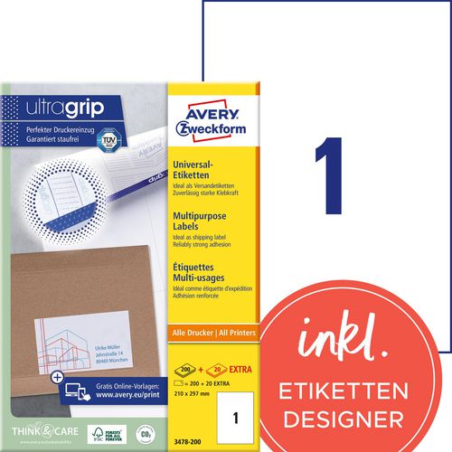 Merkloos sans marque multifunctionele etiketten avery zweckform 200 stuks wit