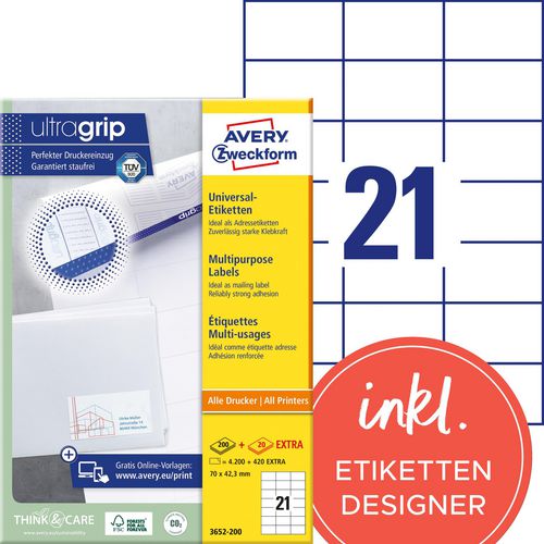 Multifunctionele etiketten avery zweckform 200 stuks wit