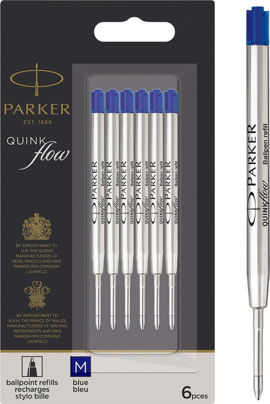 Parker balpenvullingen | medium punt | blauwe quinkflow-inkt | voordeelverpakking | 6 stuks