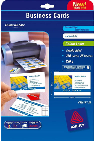 Avery quick clean™ visitekaartje 85 x 54 mm, 220 g m², dubbelzijdig, c32016, laser (pak 250 stuks)