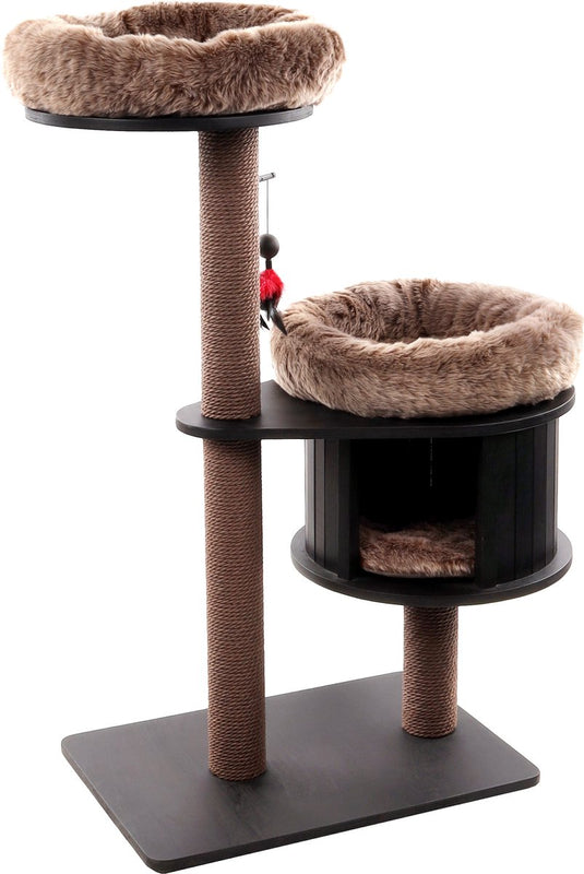 Flamingo krabpaal – raisa 1 bruin grijs – 79x45x119 cm – luxe kattenboom met relaxmand schuilplaats – krabpaal met speeltje papieren touw – voor alle kattenrassen