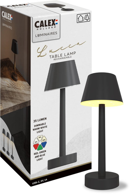 Calex oplaadbare tafellamp lucca - draadloos - dimbaar - warm wit licht rgb - waterdicht - decoratie voor tuin, woonkamer, slaapkamer - sfeerverlichting – zwart