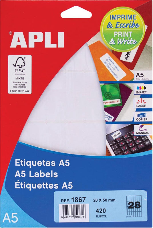 Apli witte etiketten print write ft 20 x 50 mm (b x h), 420 stuks, 28 per blad (1867)