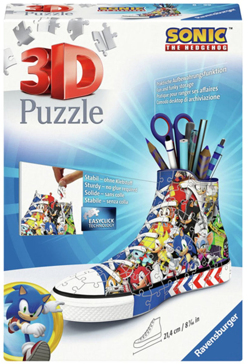 Load image into Gallery viewer, Ravensburger 3d puzzel pennenbak sonic the hedgehog sneaker 108 stukjes.

