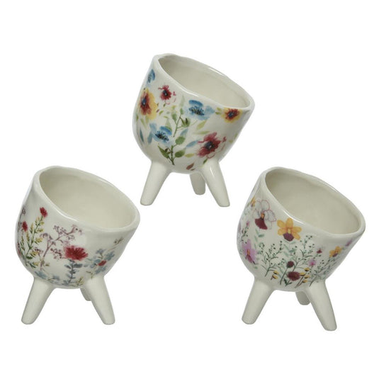 Decoris bloempot bloemen dessin van dolomiet 10x11,4x13,5cm 3 assorti dessins