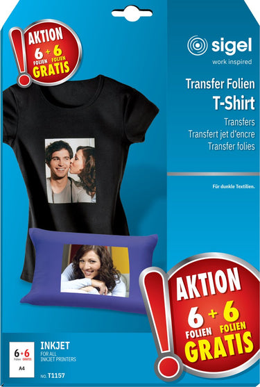 Sigel inkjet transferfolie - a4 - blanco - 6 vel + 6 vel gratis - voor donkere kleding textiel - si-t1157