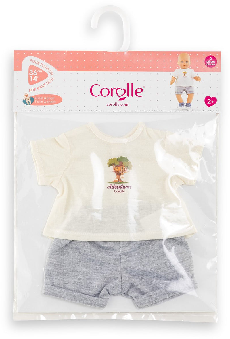 Load image into Gallery viewer, Corolle poppenoutfit t-shirt en korte broek babypop 36cm grijs.

