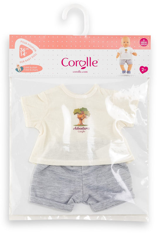 Corolle poppenoutfit t-shirt en korte broek babypop 36cm grijs.