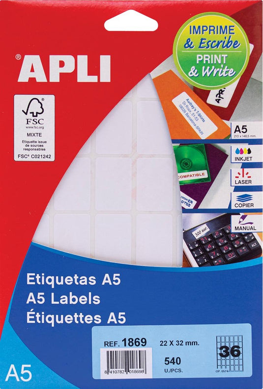 Apli witte etiketten print write ft 22 x 32 mm (b x h), 540 stuks, 36 per blad (1869)