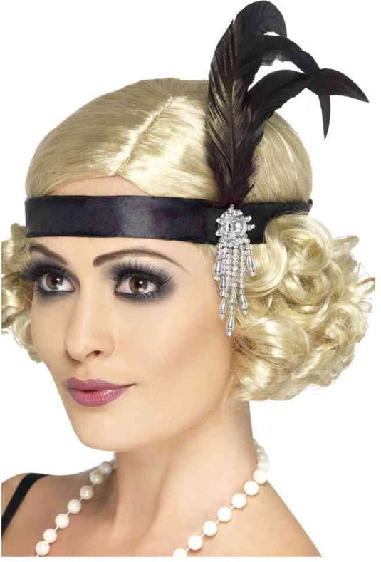 Smiffys hoofdband zwart met veren | black satin charleston headband