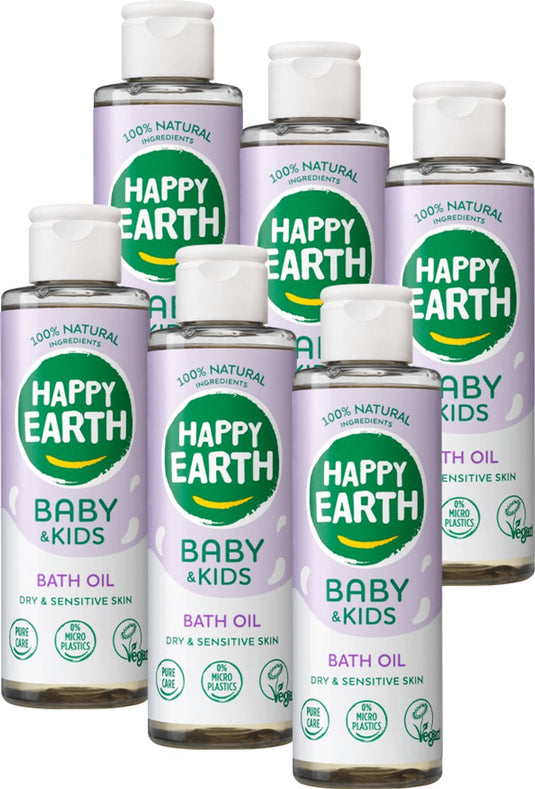 Happy earth bundel badolie baby kids - 100% natuurlijke ingrediënten - microplasticvrij - babyverzorging – met plantaardige huidverzachter – geschikt voor pasgeborenen - 6x150ml - voordeelverpakking