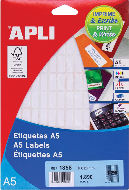 Apli witte etiketten print write ft 8 x 20 mm (b x h), 1.890 stuks, 126 per blad (1858)