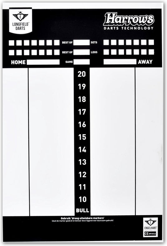 Engelhart dart scorebord pvc 45 x 30 cm – herbruikbaar whiteboard – speltypes scoreverloop – dart accessoire – longfield