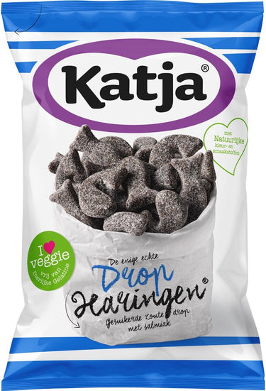 Katja drop haringen, gesuikerde zoute drop met salmiak, zak van 295 g