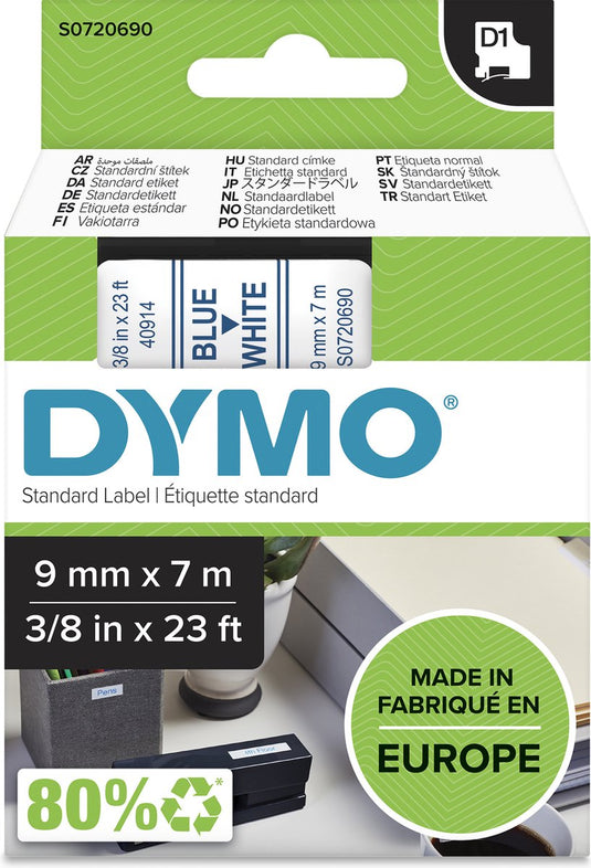 Dymo originele d1 labels | blauwe tekst op wit label | 9 mm x 7 m | zelfklevende etiketten voor de labelmanager labelprinter | gemaakt in europa