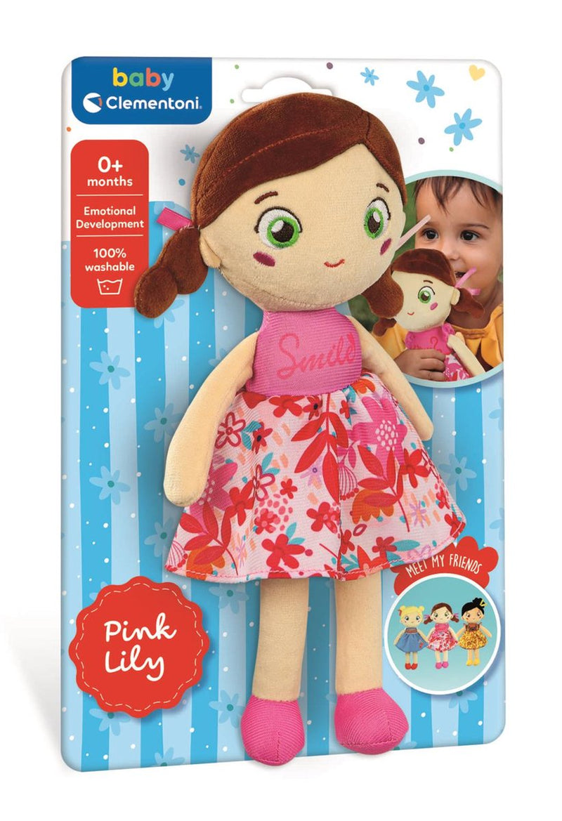 Load image into Gallery viewer, Clementoni zachte knuffelpop pink lily - knuffel en pop voor baby en peuter - zacht kraamcadeau - wasbaar poppen speelgoed voor de allerkleinsten
