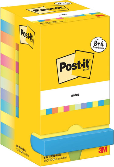 Post-it zelfklevende memoblaadjes 654-mx-p8+4 multikleur pak van 12 8+4