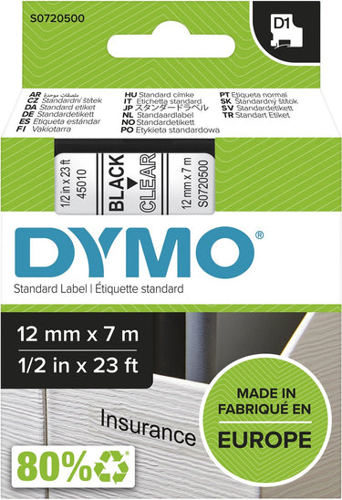 Dymo tapes d1 polyester 12mmx7m zwart-transparant glanzend
